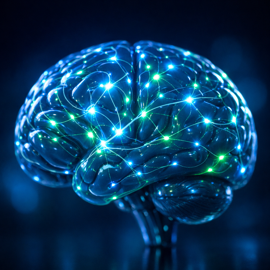 Glowing human brain model with neural connections and synapses lighting up, representing L-serine benefits for brain health