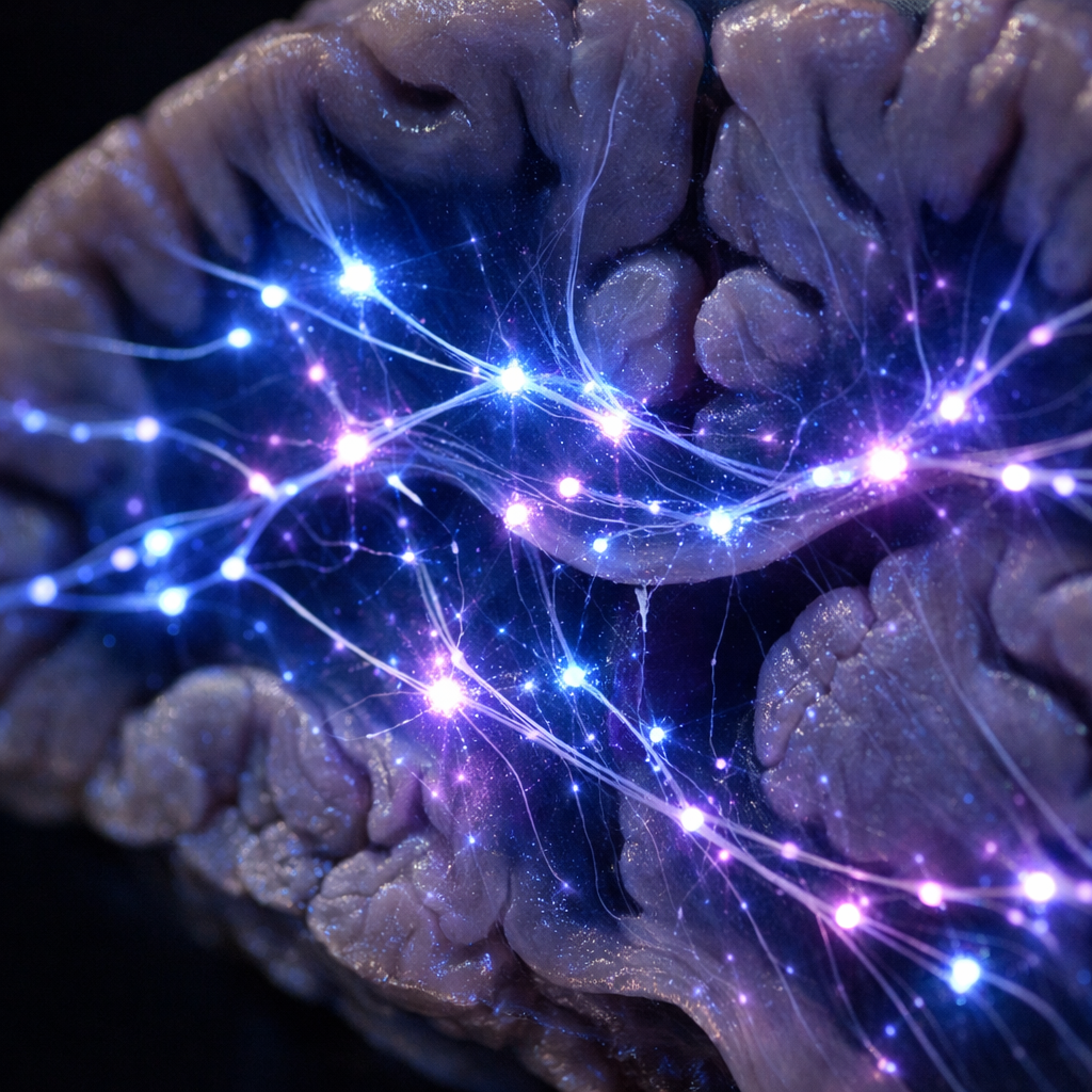 Glowing neural network pathways in the brain representing L-serine's role in mood and depression