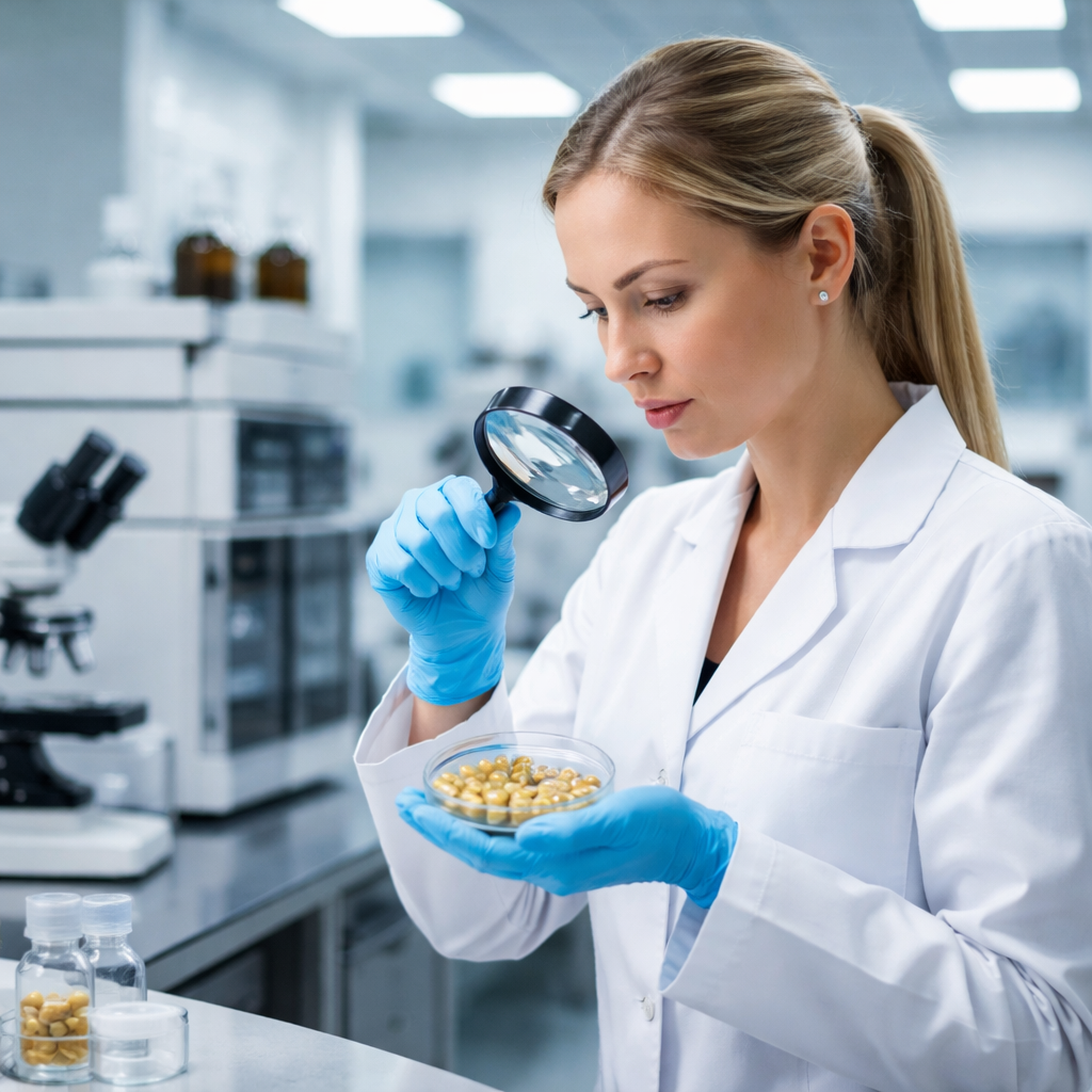 Quality control laboratory technician examining dietary supplement capsules with analytical equipment