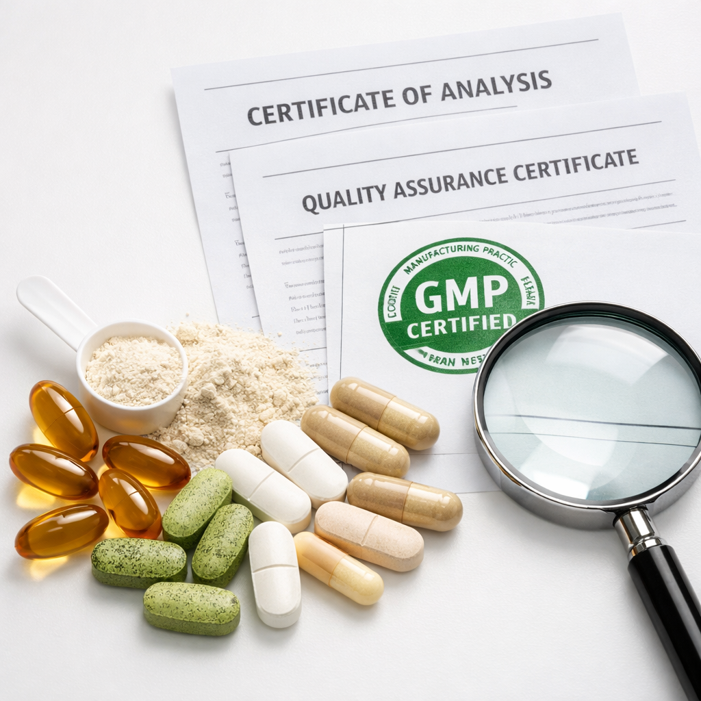 Dietary supplement capsules and tablets next to quality certification documents and magnifying glass