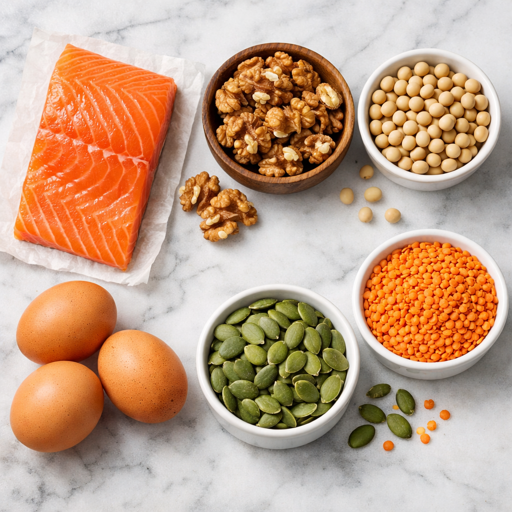 Flat lay of L-serine rich foods including salmon, eggs, soybeans, walnuts, pumpkin seeds and lentils on white marble