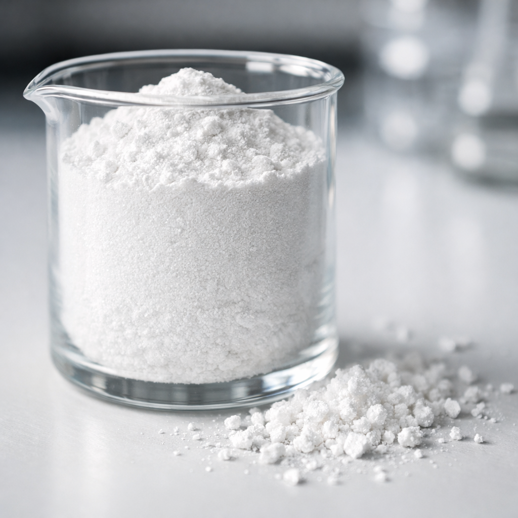Dense magnesium oxide heavy powder showing compact crystalline texture in a laboratory setting