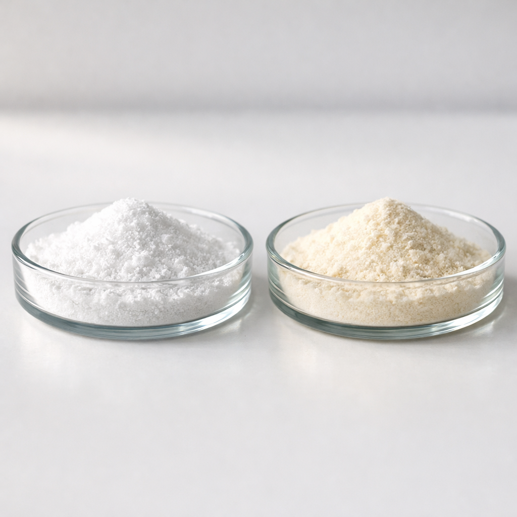 Side-by-side comparison of magnesium glycinate and magnesium malate powders in laboratory bowls