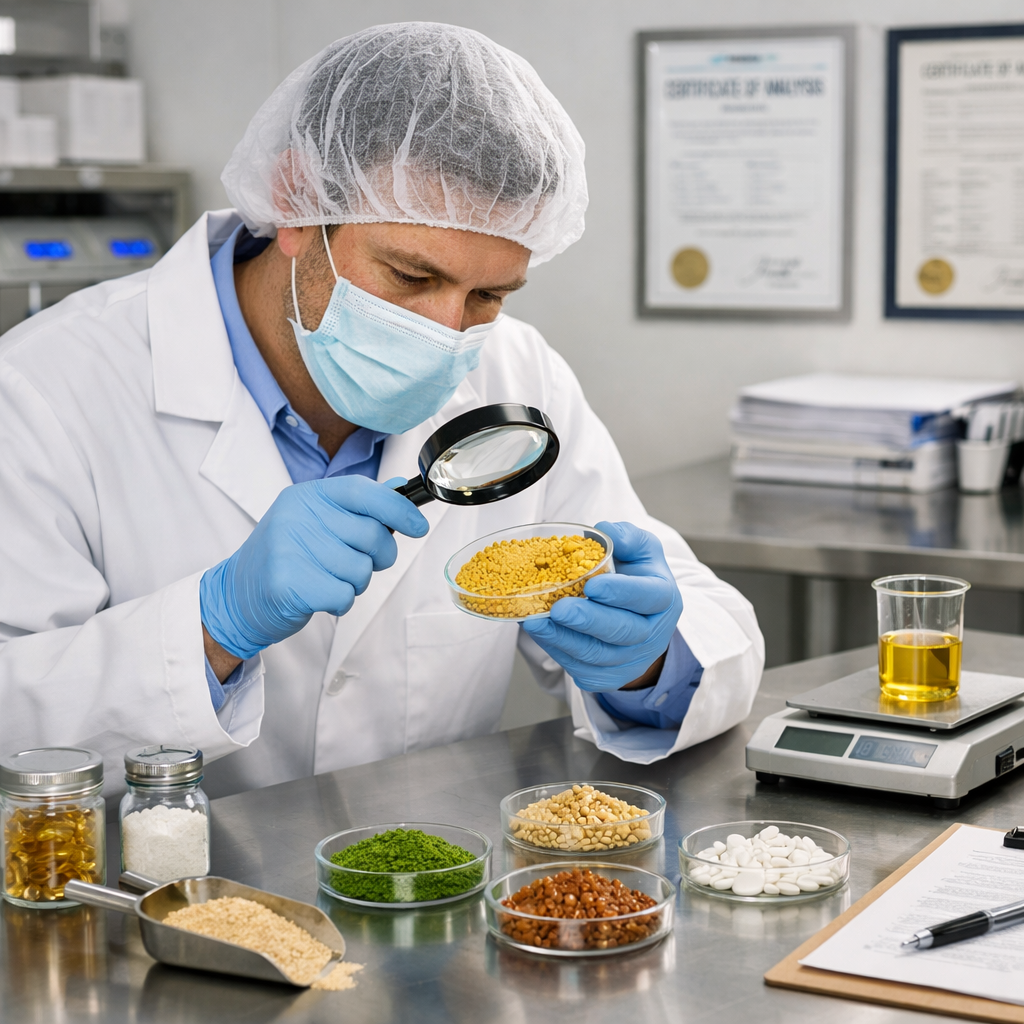 Scientist in lab coat examining supplement ingredient samples with GMP certification documents in background