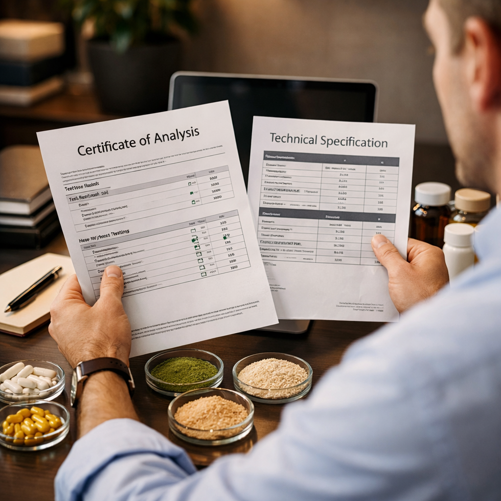 Supplement formulator reviewing ingredient specification documents and certificates for magnesium sourcing