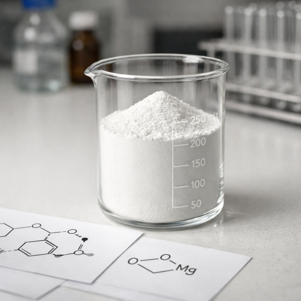 White magnesium oxide powder in a laboratory beaker with molecular diagrams, illustrating the chemistry behind MgO bioavailability