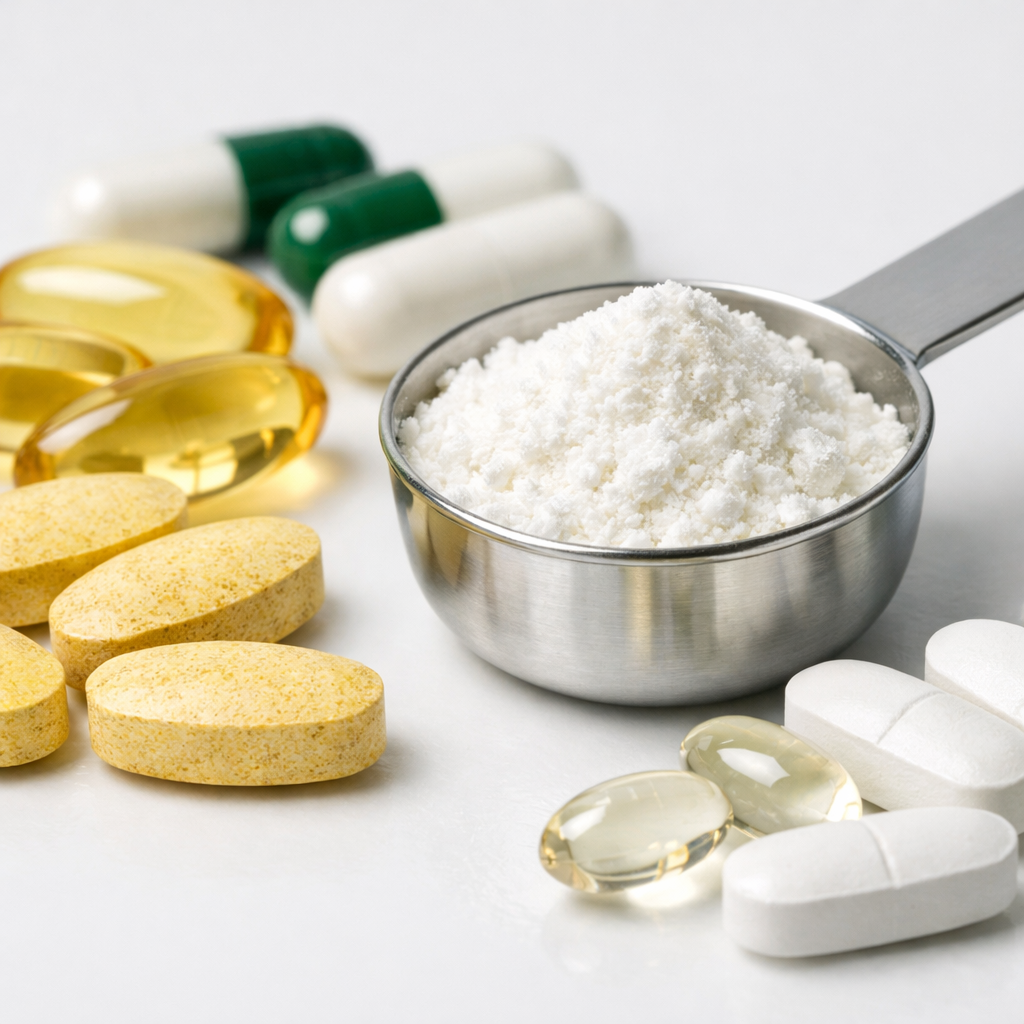 Supplement tablets and capsules alongside a measuring scoop of white mineral powder, illustrating magnesium oxide dose efficiency compared to other forms