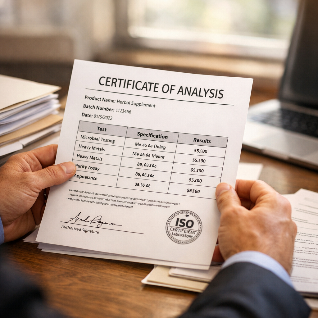 Business professional reviewing supplement ingredient quality certification and certificate of analysis documents