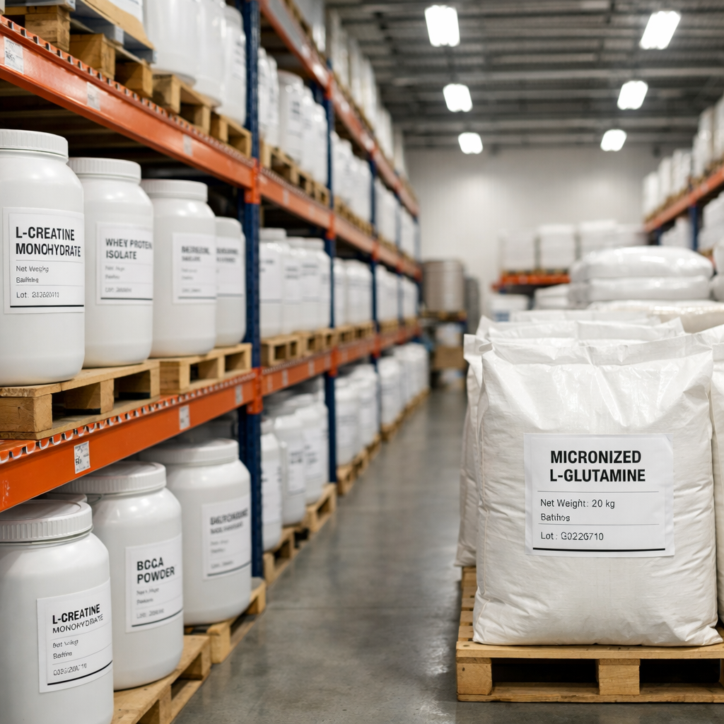 Bulk supplement ingredient containers and powder bags in a modern pharmaceutical warehouse