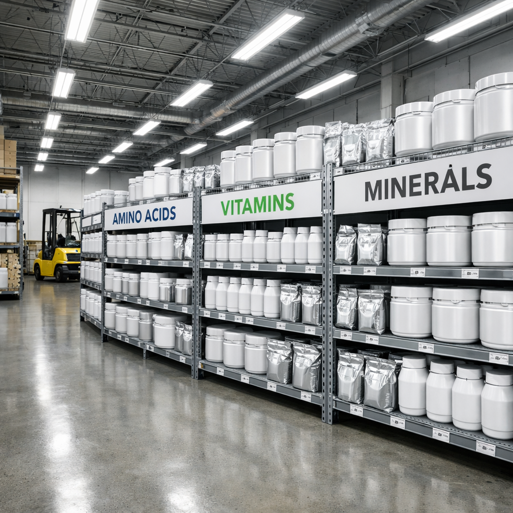 Nutraceutical ingredient warehouse with organized amino acid and vitamin containers from verified suppliers