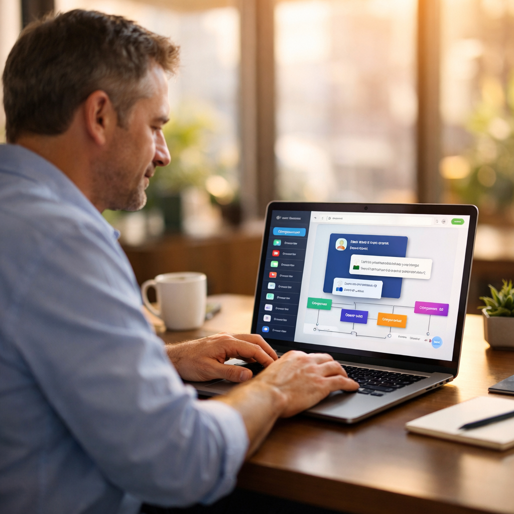 Non-technical entrepreneur using a no-code AI app builder on a laptop in a bright modern office