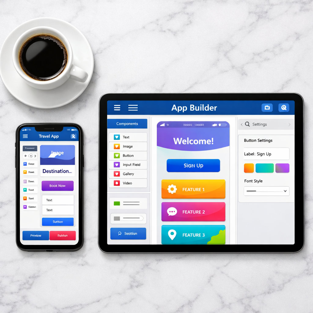 Smartphone and tablet displaying colorful no-code app builder drag-and-drop interfaces on a white marble desk