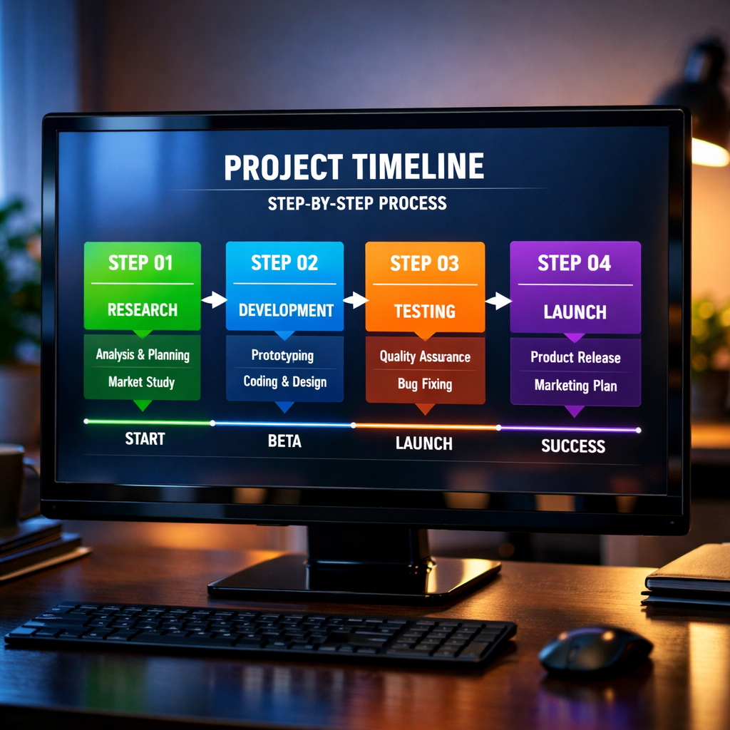 Step-by-step timeline process displayed on a monitor showing colorful stages for building an AI app