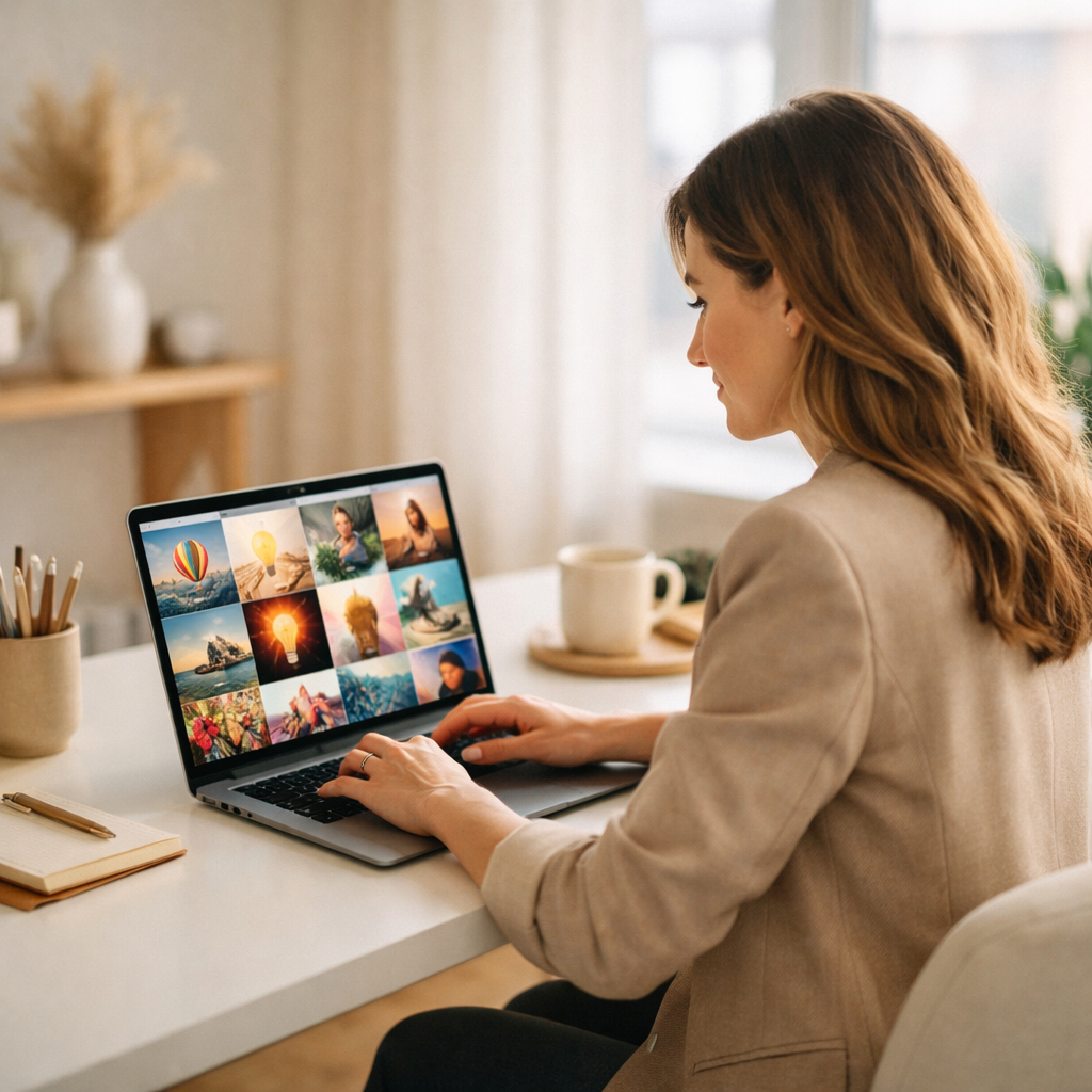 Entrepreneur woman at a bright minimalist desk using a laptop to create AI-generated images
