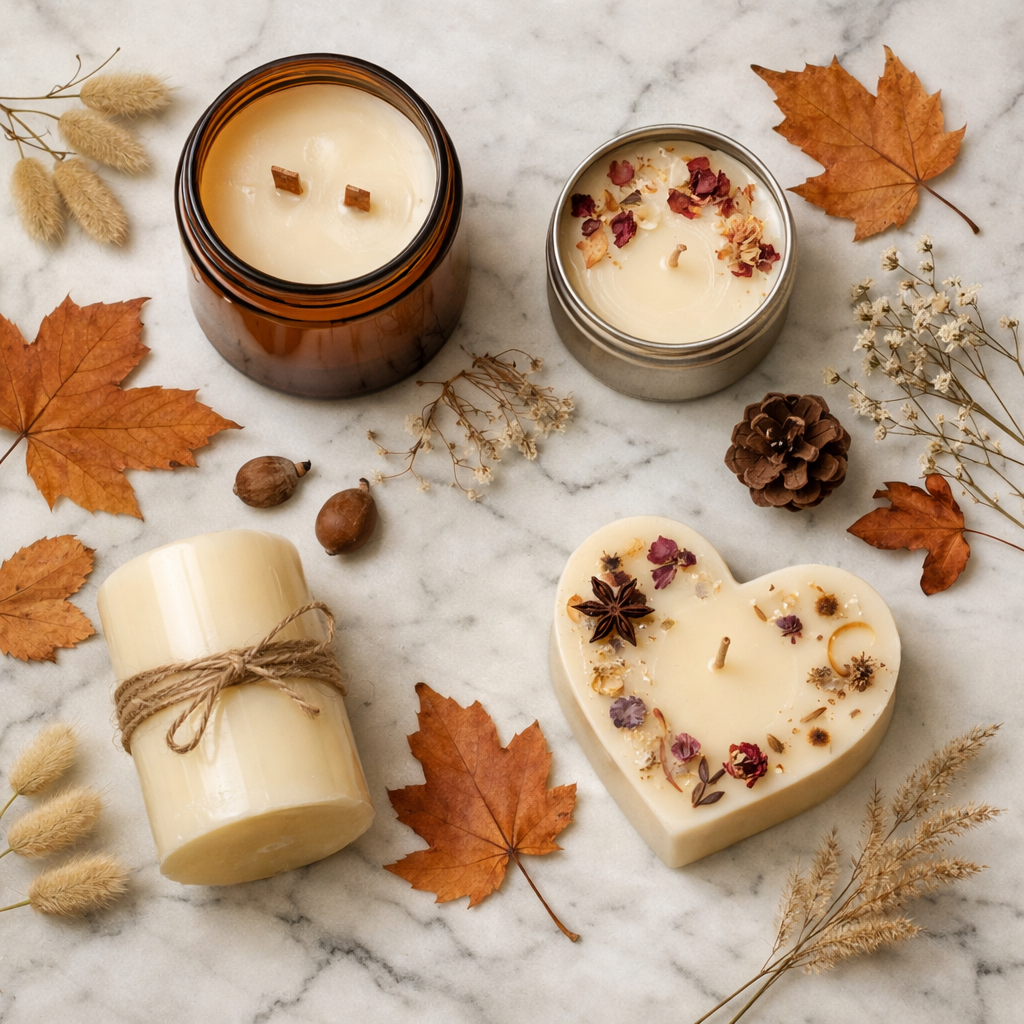 Flat lay product styling scene with handmade candles on marble surface surrounded by autumn leaves
