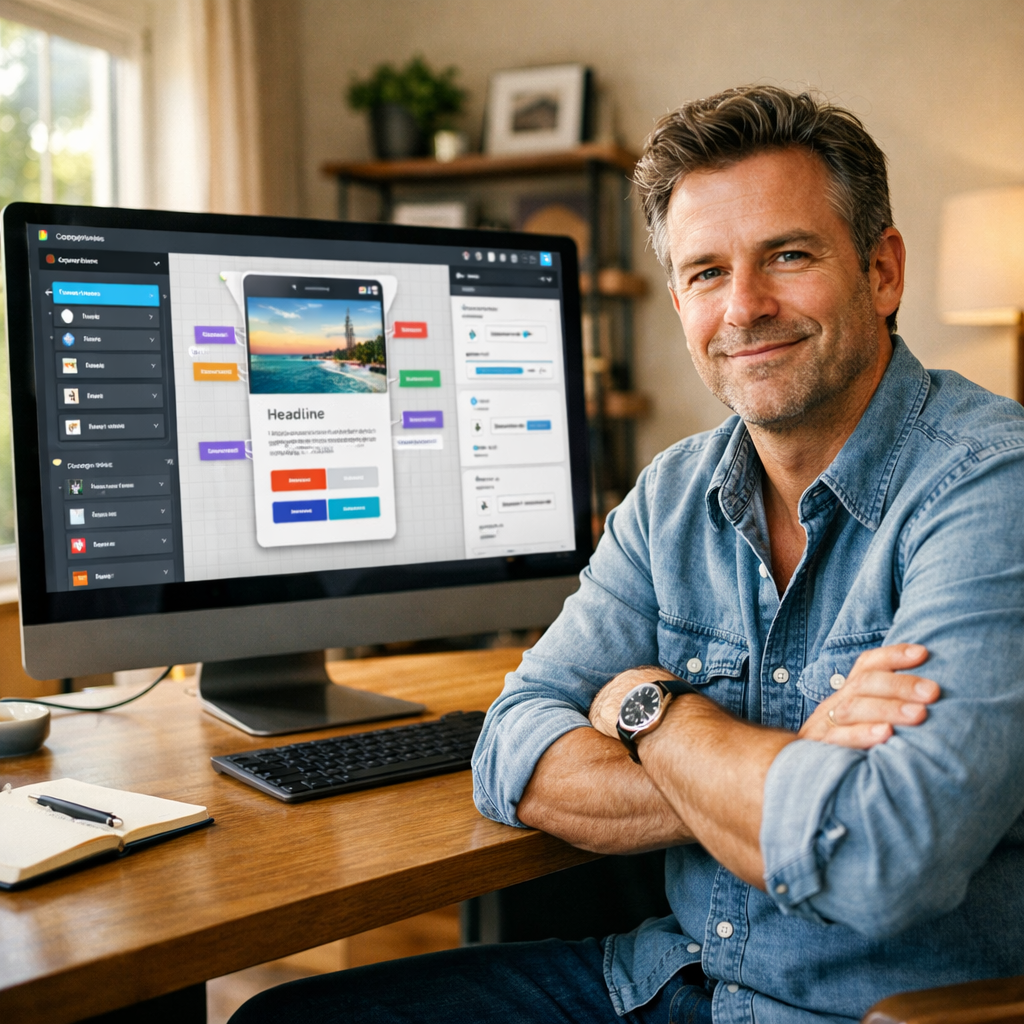 Entrepreneur using a drag-and-drop AI app development platform on a modern workstation