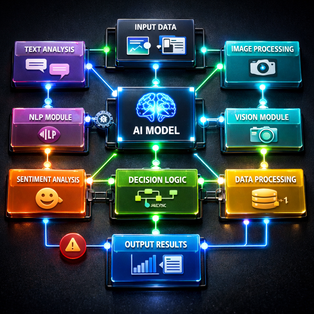 Visual AI workflow interface with colorful connected blocks representing drag-and-drop app building components