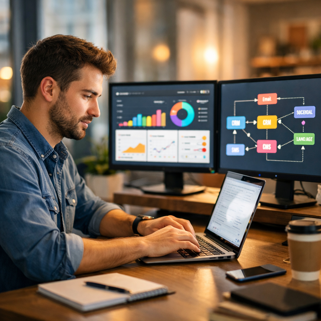 Marketing professional using AI-powered automation dashboard on laptop in modern office