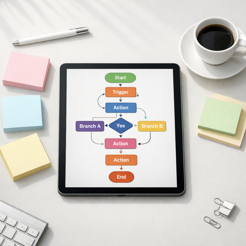 Clean desk workspace with tablet showing no-code automation workflow flowchart